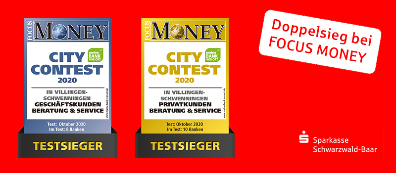Doppelsieg beim FOCUS-MONEY CityContest 2020 Geschäftskunden und Privatkunden in Villingen-Schwenningen
